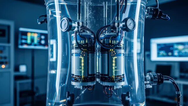 Closeup view of hightech subsea battery modules inside a pressure vessel during cyclical stress testing in a lab setting.