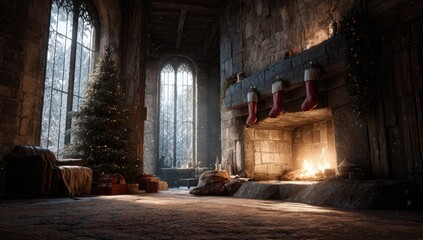 A cozy Christmas scene in a large, old stone hall. Sunlight streams through tall, arched windows into a room decorated for the holidays.