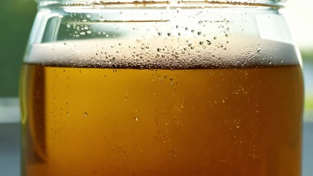 Kombucha Fermentation Bubbles Rising beneath SCOBY in Glass Jar