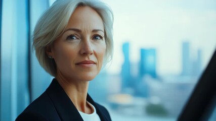 A professional businesswoman looking thoughtful in a high-rise office with cityscape view. - Powered by Adobe