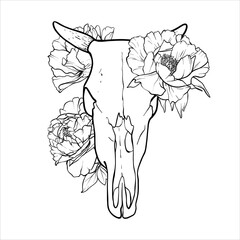 Bull Skull in the flowers. Hand drawn black and white vector illustration of a bull skull with horns. Skeleton and Peonies in line art style. Graphics outline element bones and flowers. EPS10