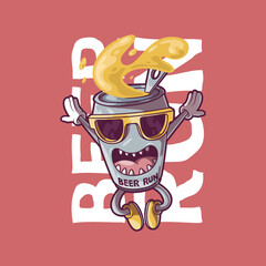 Beer Can Character with sunglasses Running vector illustration. Drink, mascot design concept.