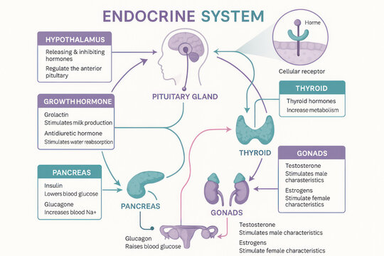 Endocrine System Diagram Illustration: Hormones and Glands, body functions. [Illustration]