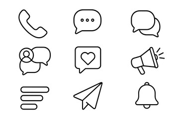 Communication outline icon set. Social media linear collection. Vector symbols for UI design: call, chat, message, notification bell, like, send, alert, dialogue, user.