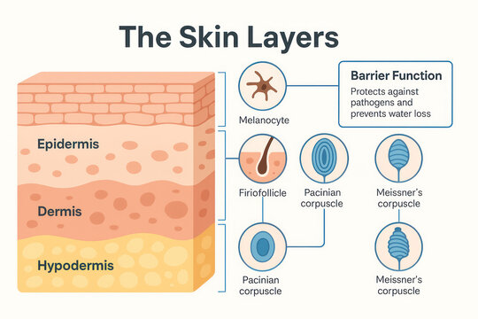 The Skin Layers - Illustration of Epidermis, Dermis, and Hypodermis, with Melanocyte, Firiofollicle, Pacinian & Meissner's Corpuscles.