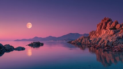Magenta sky with full moon over rocky coastline and serene mirrored sea

