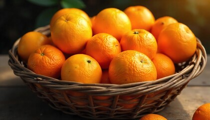 Juicy, ripe oranges overflowing from a rustic wooden basket, sunlight illuminating their vibrant, deep orange hue  A perfect image for healthy eating, citrus, or summer themes , market, citrus