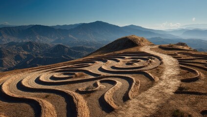 Terraced hillside under a vast sky.  A network of winding earthen terraces climbs a mountain slope, meeting a path that winds through them.  Distant, hazy mountains line the horizon