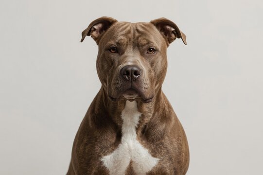 Studio portrait Brown Pit Bull, serious gaze, white background, pet adoption