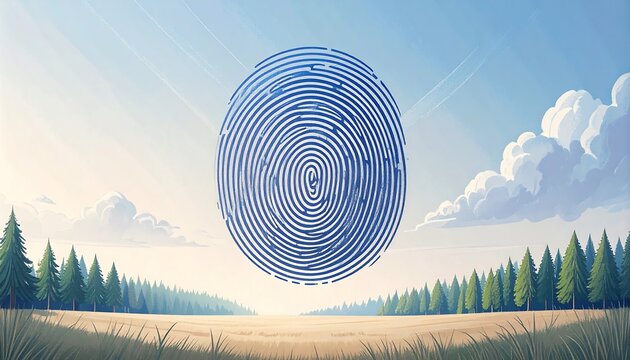 A serene landscape featuring a stylized fingerprint design superimposed against a field and forest. - Powered by Adobe
