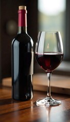 Close-up of a wine bottle, cork removed, with a wine glass beside it, ready for a tasting  Rich, deep red wine visible  Elegant setup on a wooden table ,  chardonnay,  cork