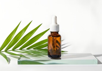 Amber Glass Dropper Bottle with Green Leaf on Minimal Background