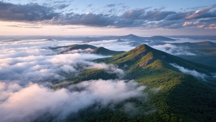Misty Sunrise Mountain Peaks Aerial View
