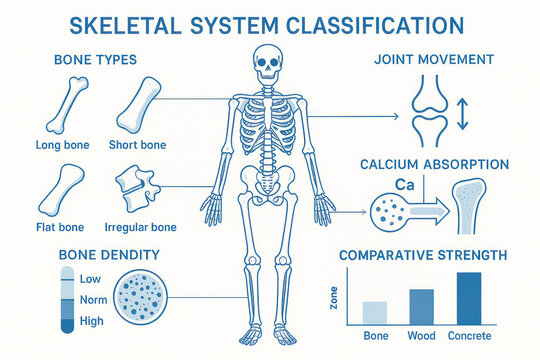 Skeletal System Classification Diagram: Bone Types, Joint Movement, Calcium Absorption, Bone Density, Illustration