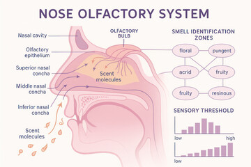 Obraz premium Nose Olfactory System Diagram, Illustration of Human Anatomy, Smell Senses, Scent Molecules [Illustration]