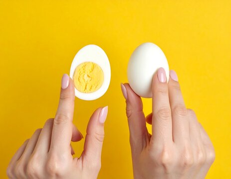 Two hands hold a halved and whole boiled egg against a bright yellow background