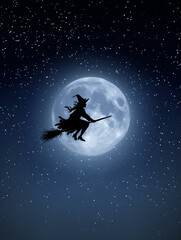 Naklejka premium Night scene with a witch on a broomstick in the sky before a full moon. Highly detailed and spooky image with a cinematic touch