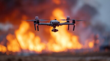 Close medium shot of a drones windmeasuring instruments in clear focus as it hovers near flame jets with the surrounding fire effects softly blurred to emphasize advanced safety