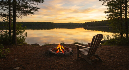 A campfire burning near a lake at sunset with a wooden chair next to the fire pit on the shore
