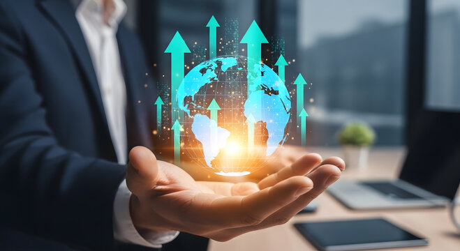 Businessman holding glowing earth with upward arrows representing growth