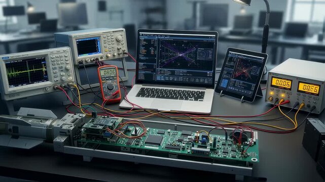 Electronic test bench setup with smart munition guidance hardware integrated with software tools to verify navigational algorithms.