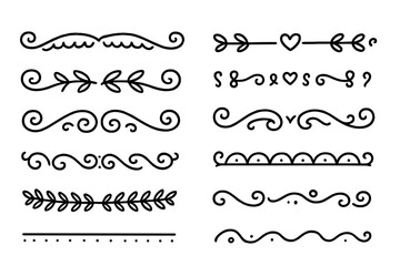 Obraz premium Set of hand-drawn decorative borders and text dividers. Collection of vintage ornamental lines, swirls, and flourishes for design. Vector doodle page decoration elements.