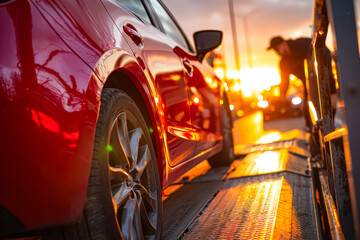 Red car being loaded onto a tow truck during sunset