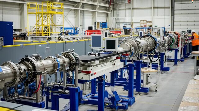 Visual emphasis on safety barriers and radiation shielding panels installed around a proton therapy beamline in an industrial assembly hall.