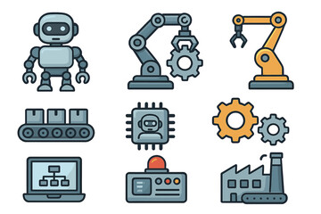Various robotic and mechanized symbols representing modern industrial automation and manufacturing processes, advanced factory technology concepts vector cartoon illustration transparent background