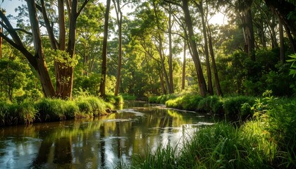Sunlight streams through a lush forest over a tranquil river