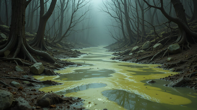 Squalid Sludge Swamp: High-resolution view of a squalid and slimy swamp environment, colored in murky greens, slimy yellows, and dirty browns