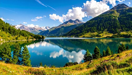 Serene alpine lake nestled amongst lush green hills and majestic snow-capped mountains, reflecting a vibrant sky full of clouds.