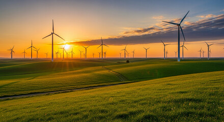 Obraz premium Wind turbine farm at sunset with green grass fields.