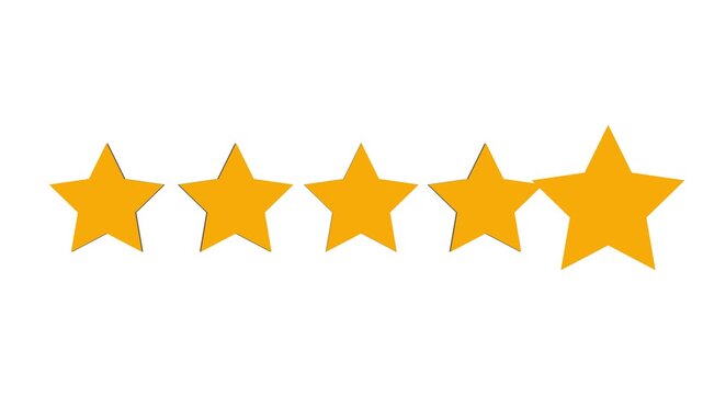 Five star rating icon animated video, animation video isolated on alpha channel background. Animated of 5 stars rating isolated on transparent white screen background. 4K video