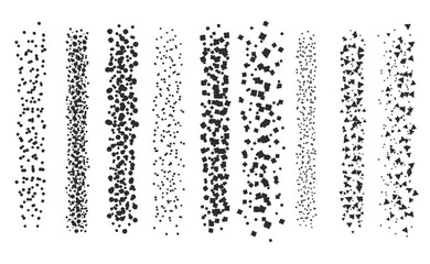 Ink scatter brush, stipple drawing and texturing. Fading gradient. Stippling, dotwork drawing, shading using dots. Halftone disintegration effect. White noise grainy texture. Vector illustration