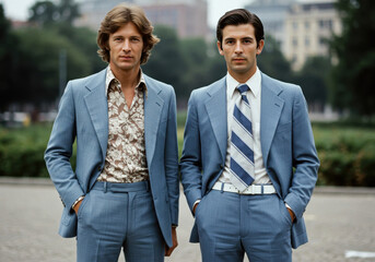 Two handsome men in stylish 70s suits pose confidently, representing the effortless charm and bold fashion of a changing era