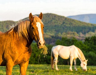 Obraz premium Two horses grazing in a pasture at sunset