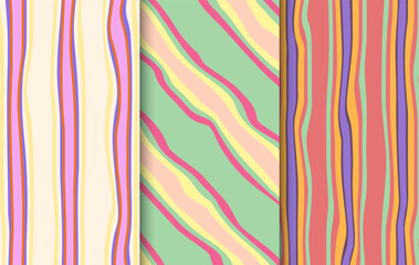 Hand drawn vertical striped pattern. Colored lines on white background. Thin and thick stripes. Irregular lines design. Graphic print fashion trend 2024