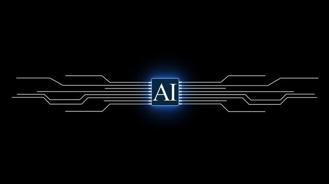 Animation of Blue digital AI logo with futuristic technology. Chat with AI or artificial intelligence technology circuit board, microchip, Computer mother board chip with AI concept. 4K Motion Graphic