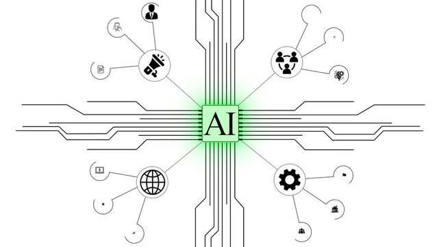 Ai chip with connected technology icons and circuit lines – futuristic animation background. Artificial intelligence system connecting business, data, and technology fields – tech concept