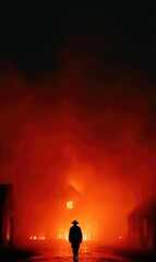 A lone figure stands amidst a dark country western landscape illuminated by orange flames. Smoke envelops the area, creating an eerie atmosphere during the night