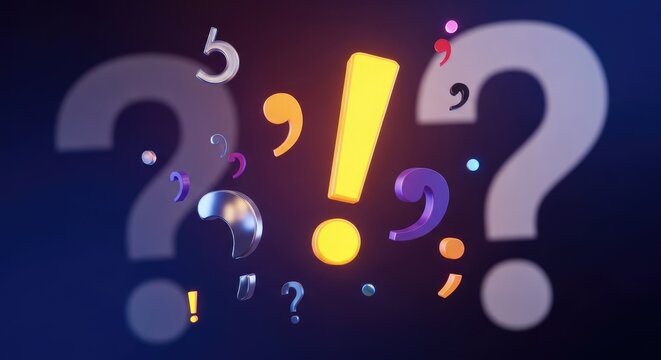 Vibrant punctuation symbols, including bold exclamation marks and question marks, float and scatter in a dynamic deep blue and orange gradient space, representing clear grammar