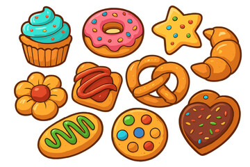 Vector cartoon set of baked goods. Sweet pastry collection with cupcake, donut, cookie, croissant, and pretzel. Cheerful dessert food icons for bakery or cafe menu.