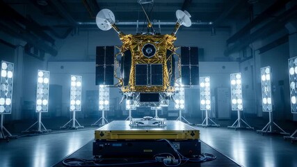 Industrial aerospace lab illuminated with LED panels around vibration testing area housing geostationary meteorological satellite.