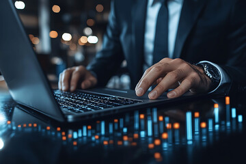 Closeup of businessmans hands using laptop, financial data visualized.  Modern, sleek aesthetic.  Ideal for concepts of finance, technology, business success, and digital strategy.