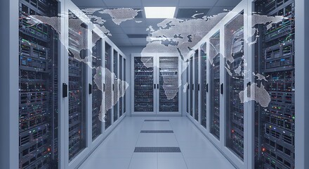 Server Room with World Map Overlay, Data Center.