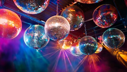 Obraz premium details of a party with disco balls and colorful party lights
