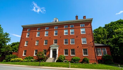 Naklejka premium Historic Red Brick Building with Green Trees and Blue Sky.