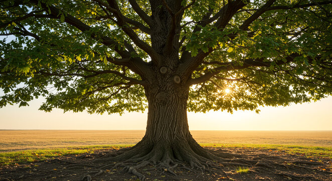 A large tree with green leaves and a thick trunk in a field at sunset with sun shining through leaves
