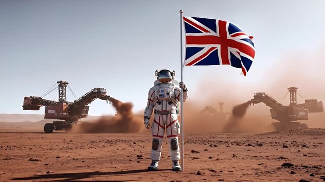 British astronaut with the Union Jack flag on Mars symbolizing the future of space colonization and mining